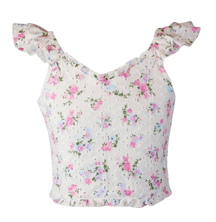 Flowers By Zoe Tween Woven Floral Bouquet Eyelet Flutter Sleeve Top