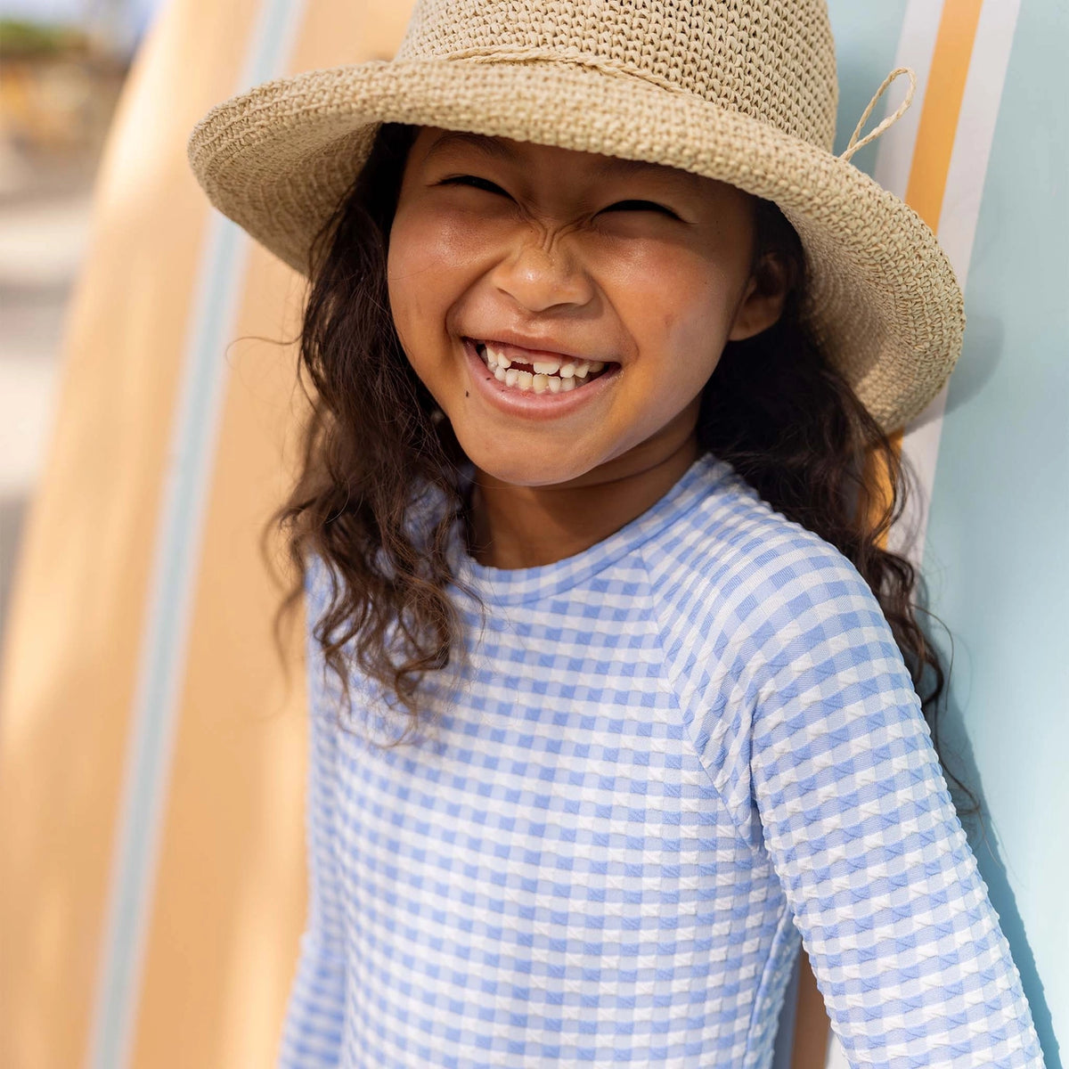 Snapper Rock Seaside Gingham Long Sleeve Ruffled 1pc Rashguard- 2-6Y