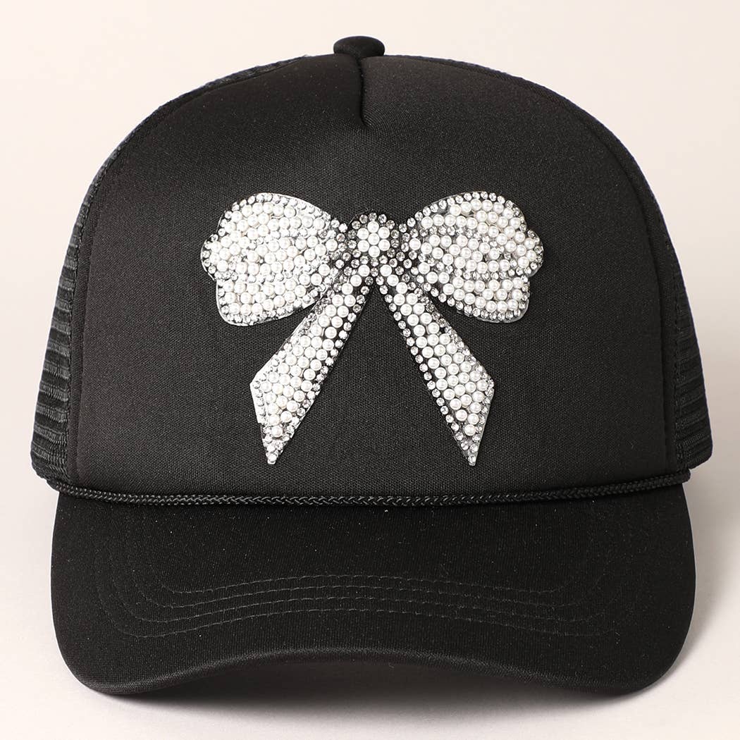 Rhinestone Bow Patch Trucker Hat- Hot Pink