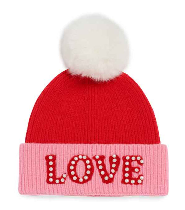 Red & Pink Pom Pom Hat With Pearl LOVE - Tween