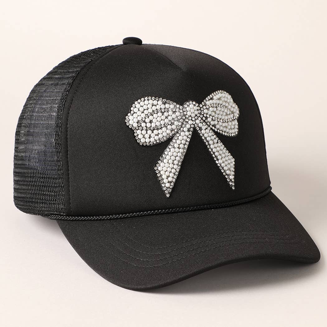 Rhinestone Bow Patch Trucker Hat- Hot Pink