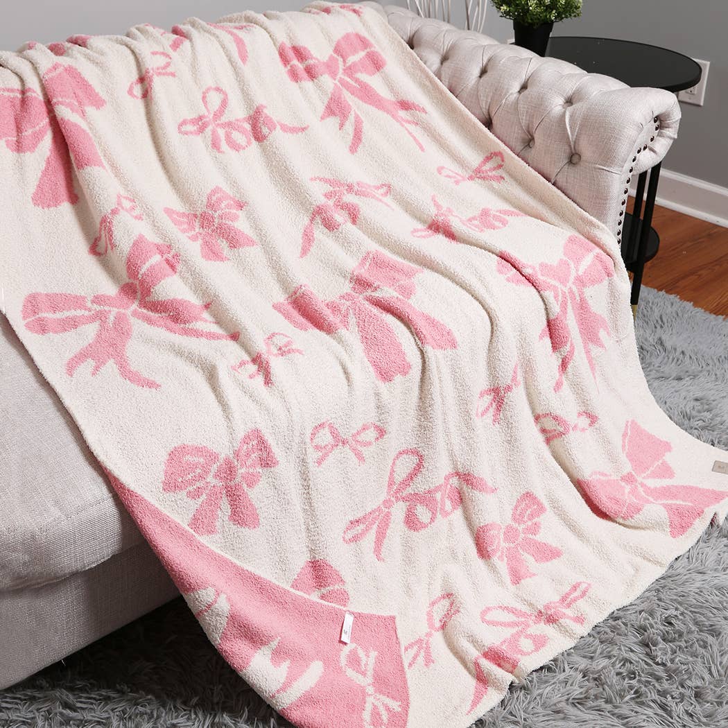 Bow Patterned Throw Blanket 50 X 60- Baby Pink