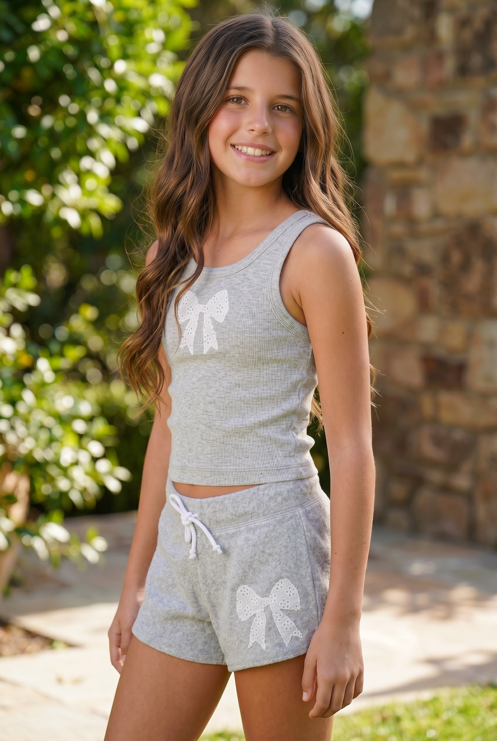 FBZ Flowers By Zoe Heather Grey Ribbed Eyelet Bow Tank Top for Tween Girls