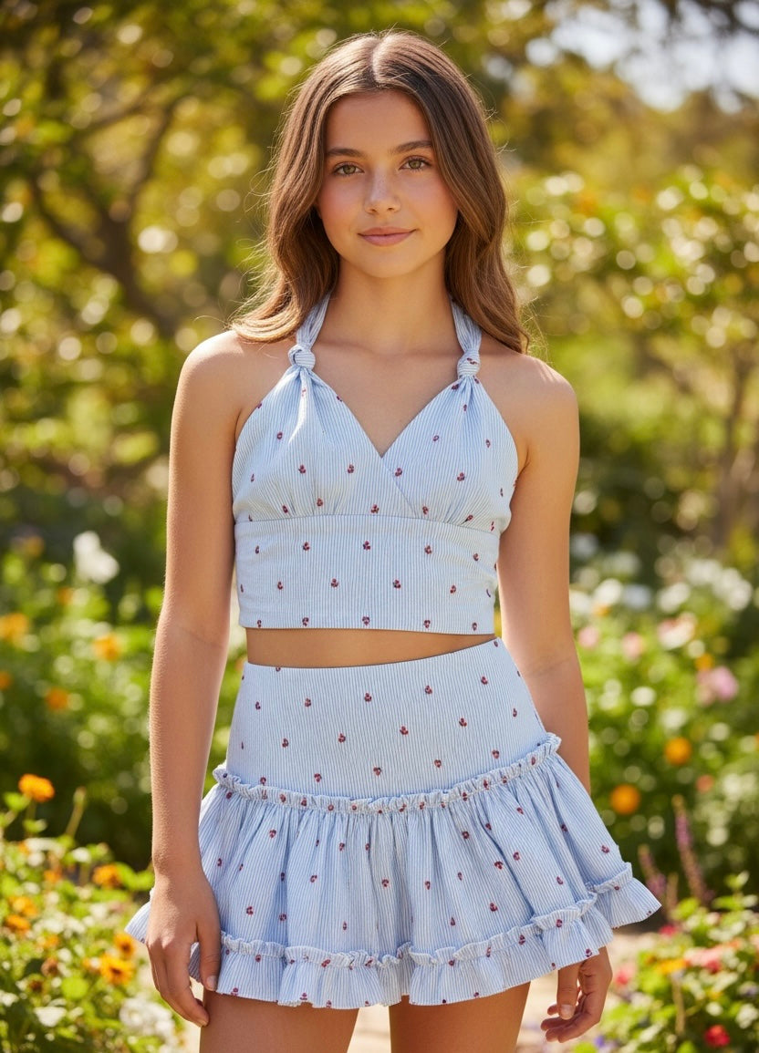 KatieJ NYC 2pc Yvonne Halter Top & Dixie Cherry Gingham Seersucker Skirt