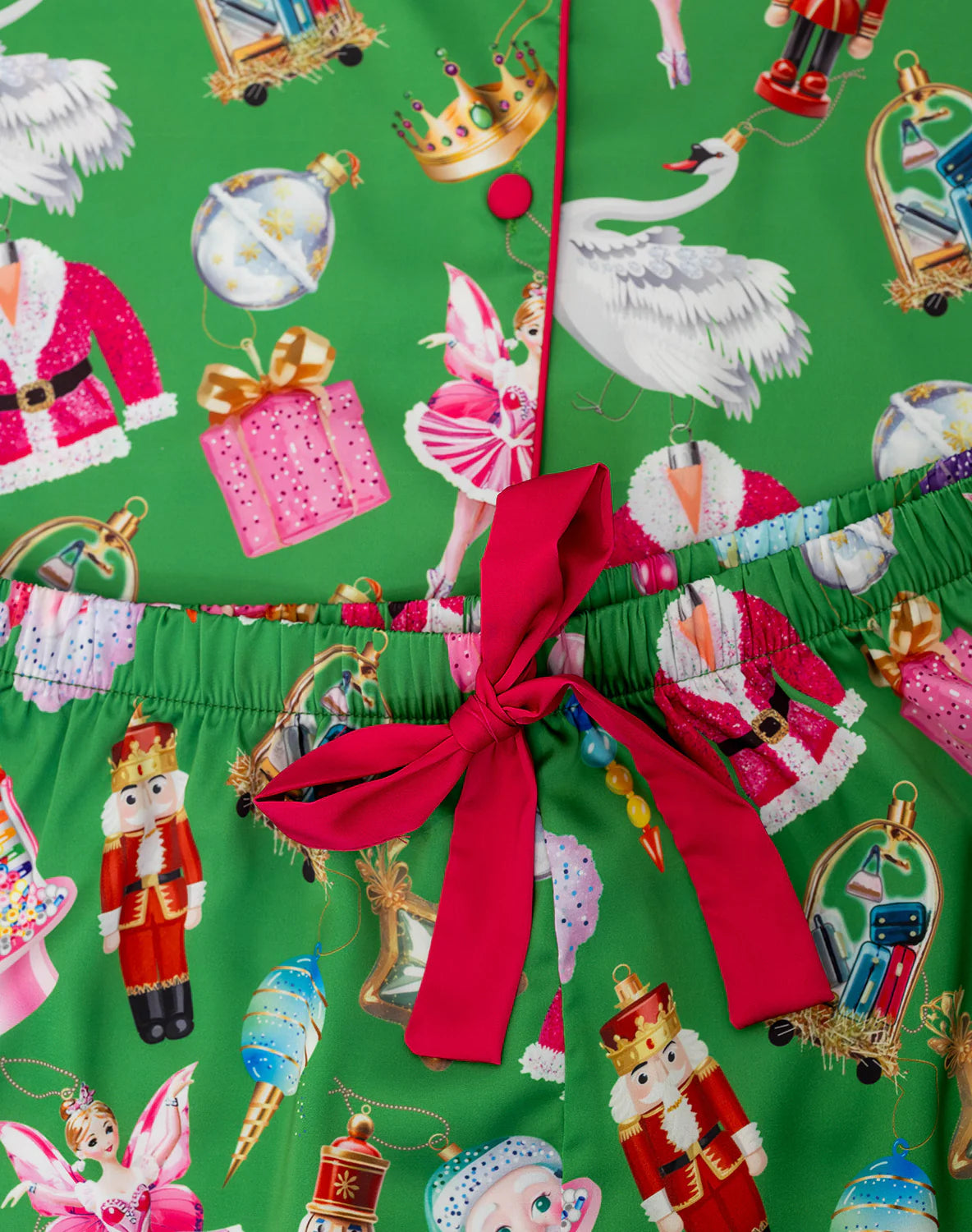 Sunshine Society Holiday Baubles Print 2pc Satin Lounge Set