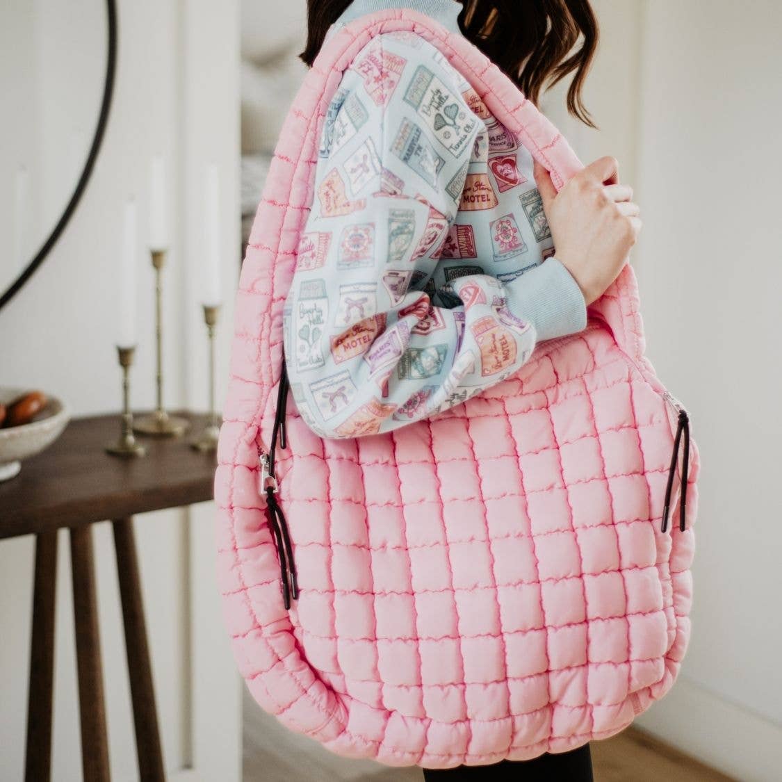 Oversized Quilted Puffer Tote Bag-Light Pink