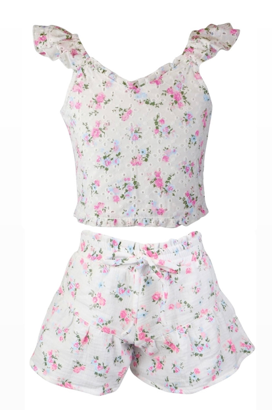 Flowers By Zoe Floral Bouquet & Eyelet Flowy Woven Shorts