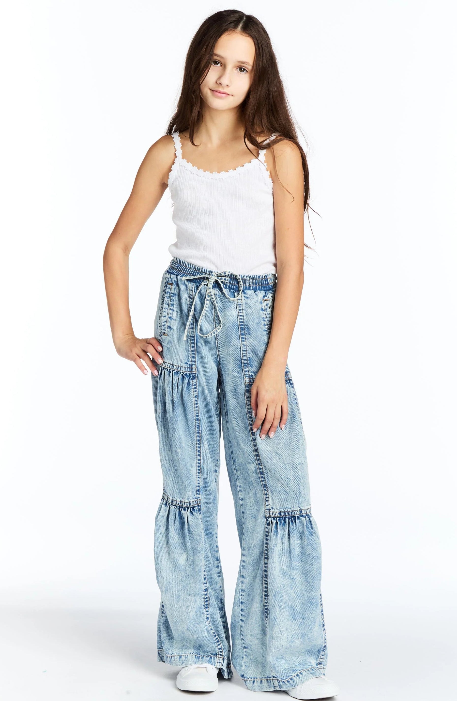 Tractr Drawstring Tiered Wide Leg Pant -Medium Indigo