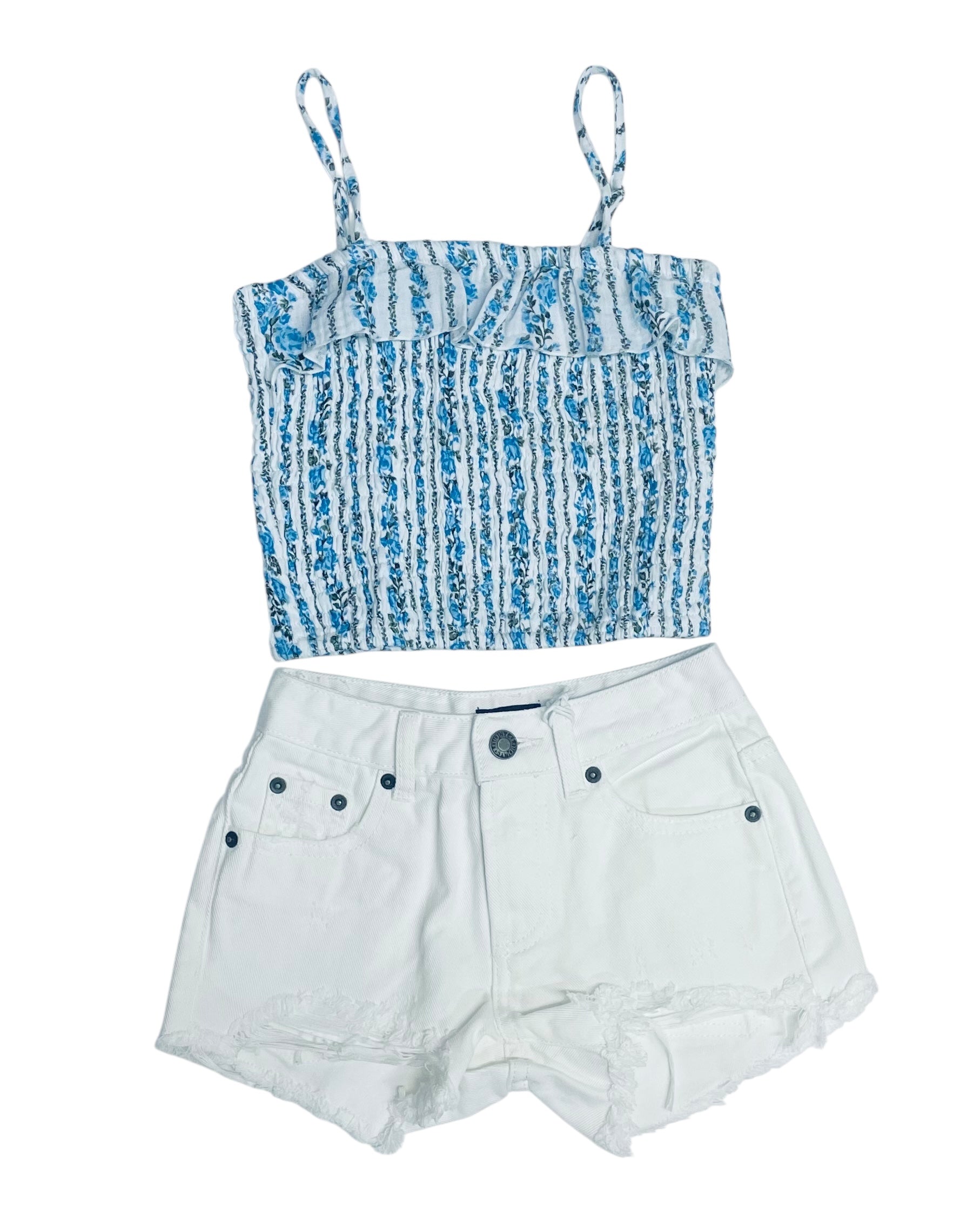 Flowers By Zoe Tween Blue Floral Demure Stripe Print Top