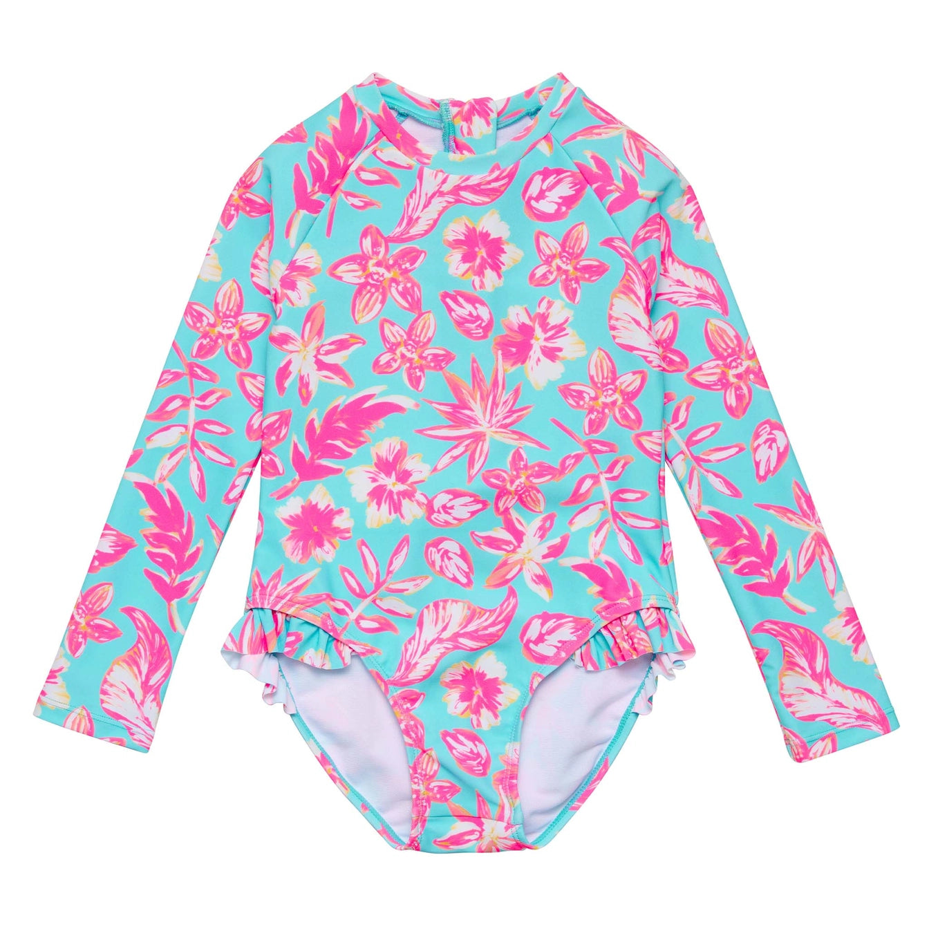 Snapper Rock Tropical Glow Long Sleeve Ruffle Rashguard Surf Suit- 2-6