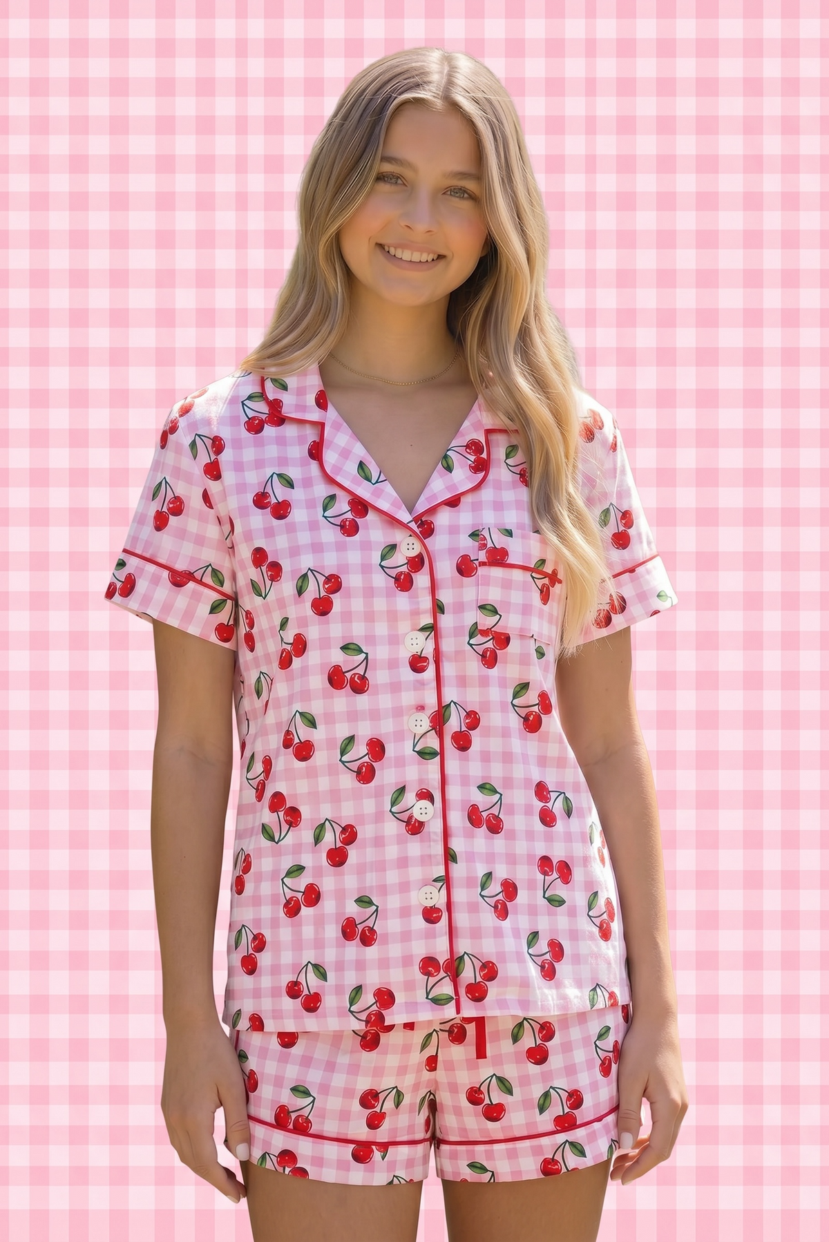 Katie J NYC Cherry Gingham Pajama Set for Tween Girls - Everything