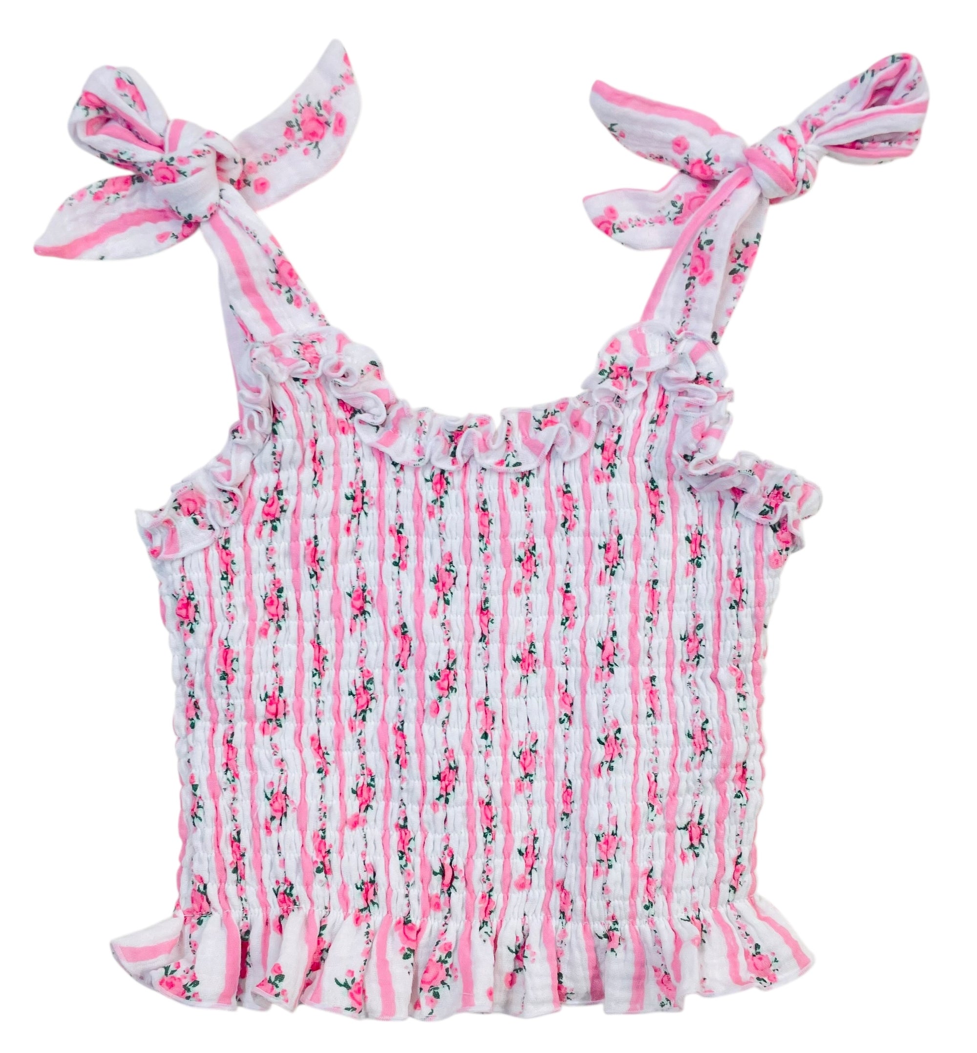 Flowers By Zoe Pink Floral Stripe Smocked Ruffle Bow Tie Shoulder Top