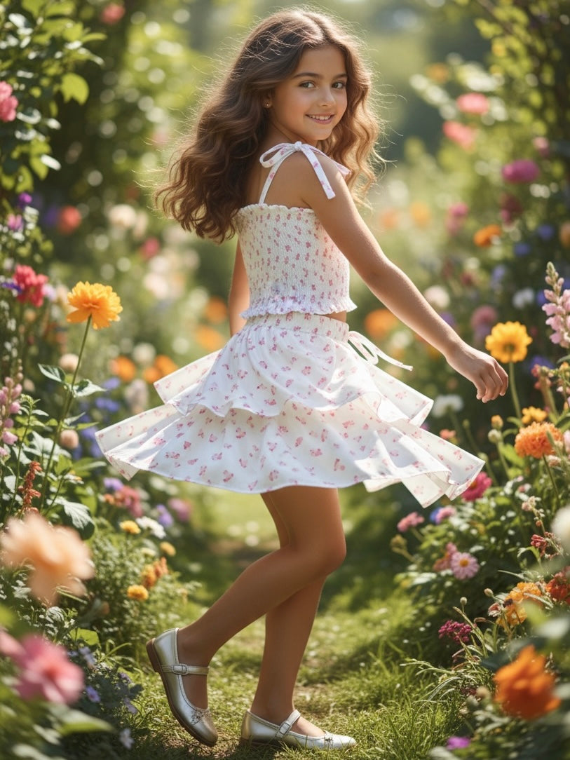 Theme NYC White With Pastel Pink Ditsy Satin Skirt