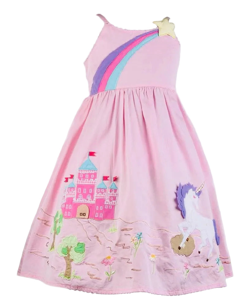 Pink dress with unicorn and castle design on a white background
