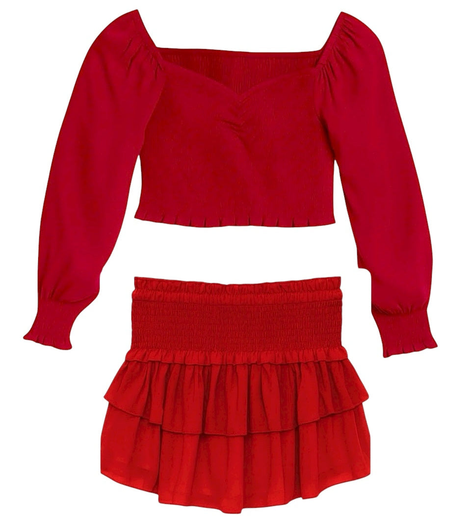 KatieJ NYC Tween 2pc Chloe Top &amp; Bianca Skirt - Red Silky Georgette