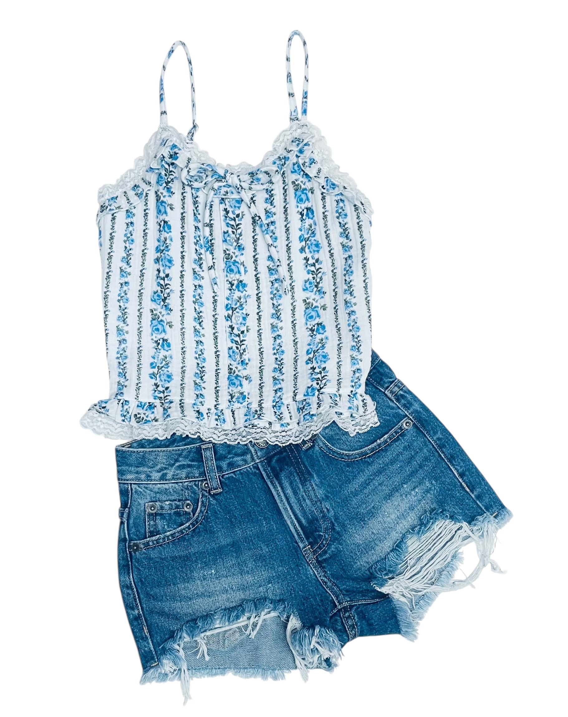 Flowers By Zoe Tween Blue Floral & Eyelet Top