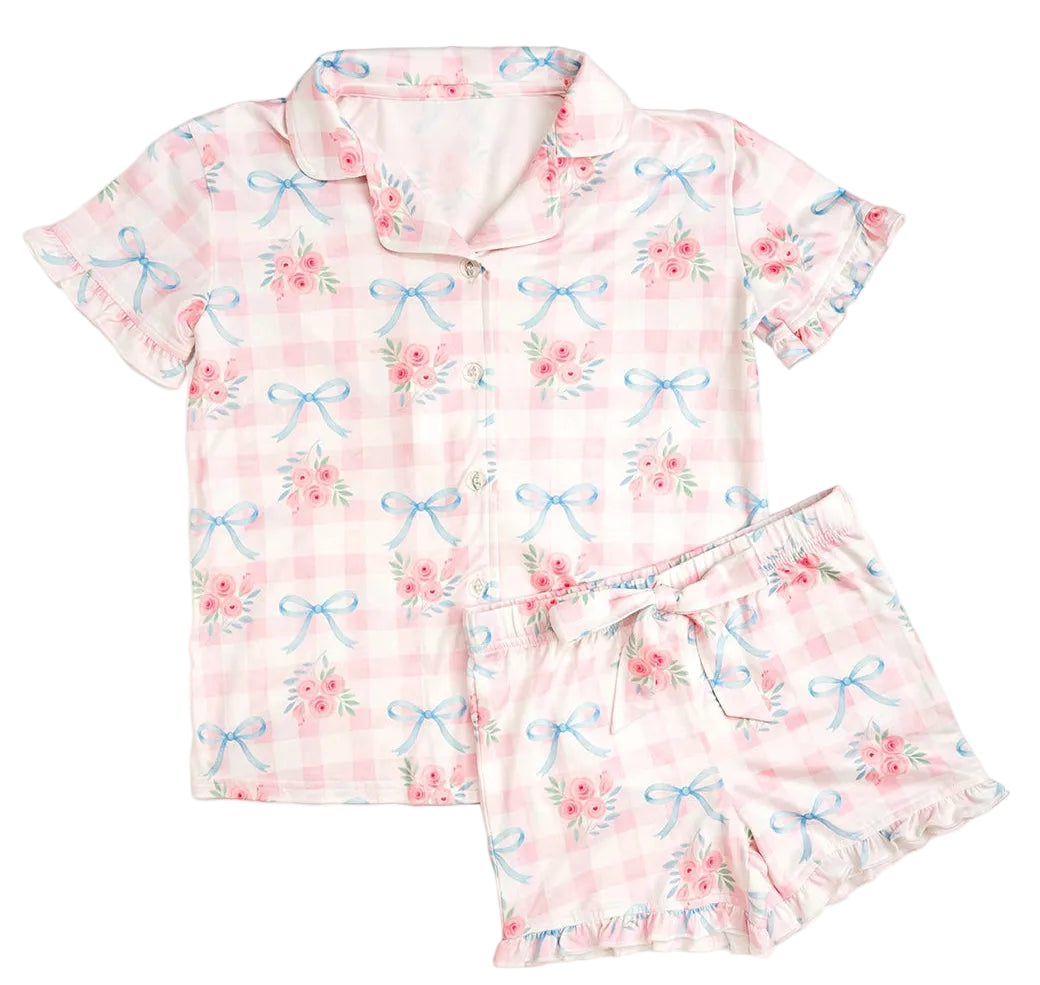 girls pink floral and bow 2pc lounge set with shorts 