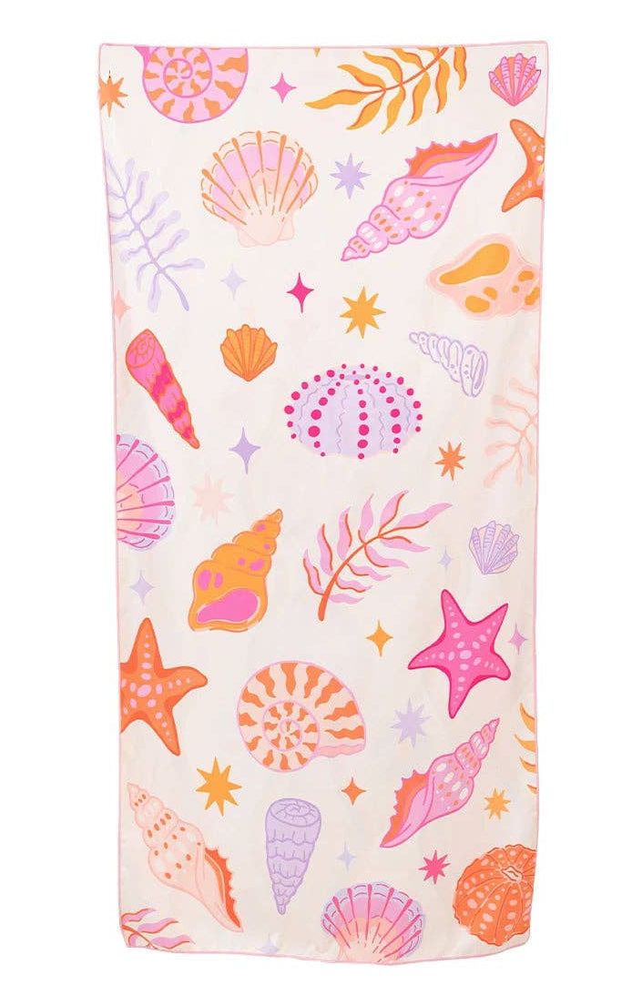 beach Towel with colorful sea-themed pattern on a white background