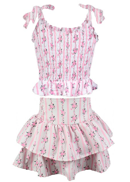 Flowers By Zoe Pink Floral Stripe Bow Skirt