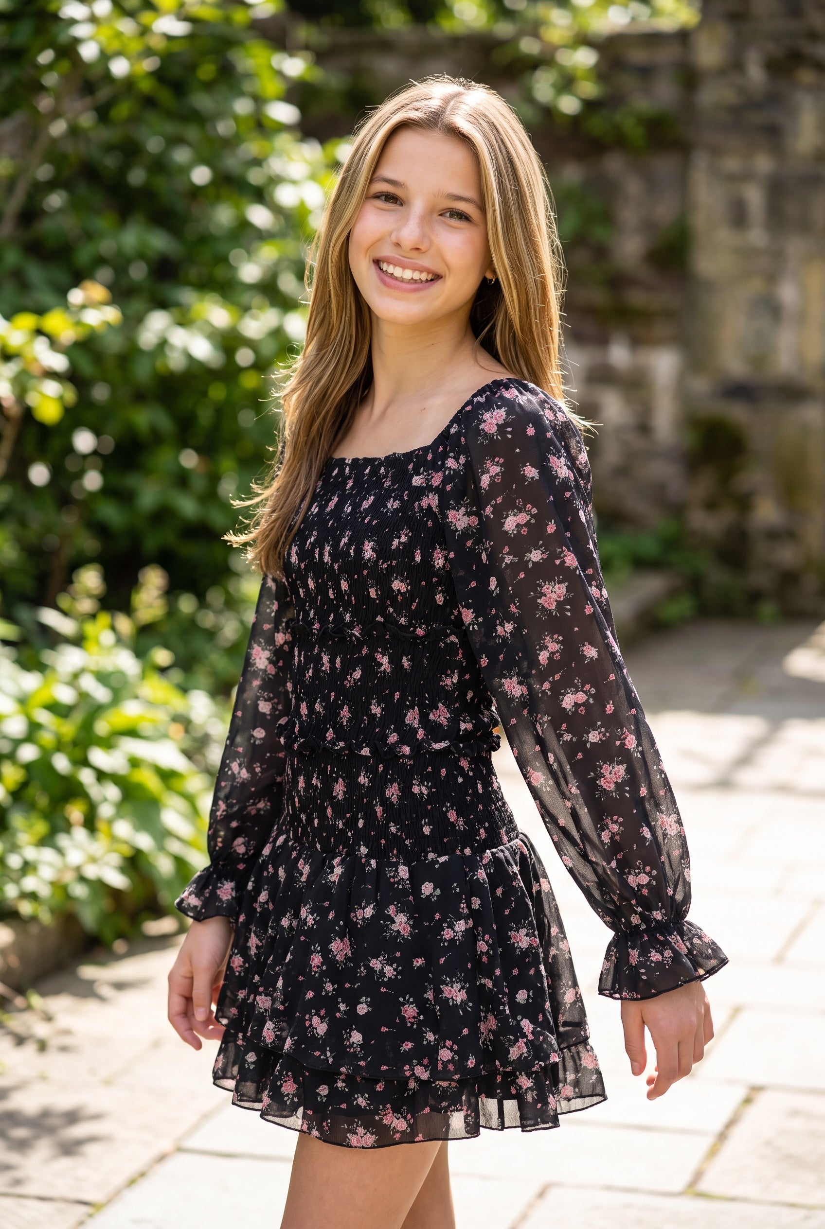 Flowers by Zoe FBZ Floral Smocked Chiffon Dress