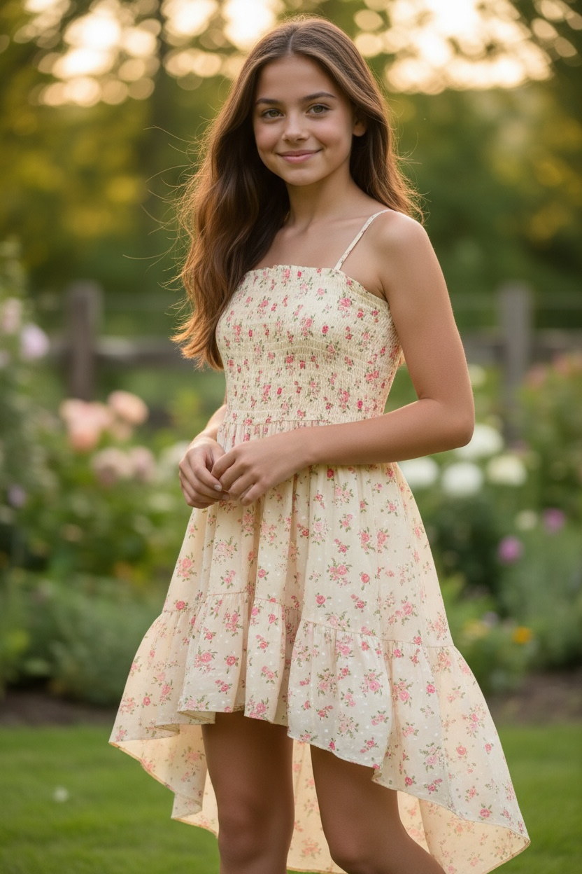 KatieJ NYC Tween Juliet Smocked Hi-Low Dress- Vintage Bunches