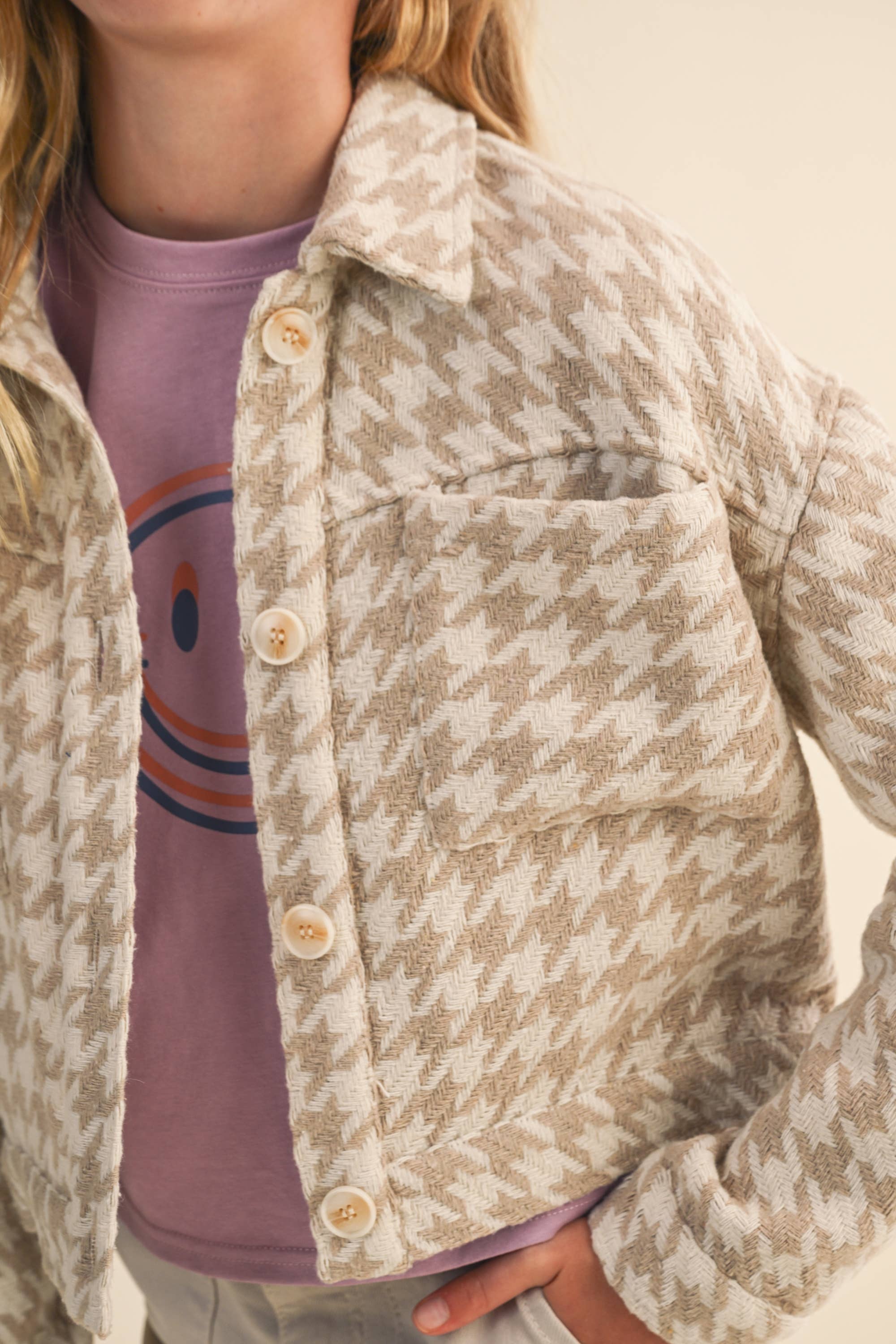 Heart & Arrow Tween Cropped Jacket- Tan Houndstooth