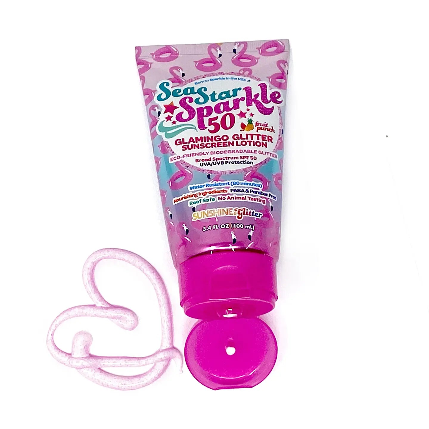 Sea Star Sparkle Glamingo SPF 50 biodegradable glitter sunscreen for girls with pink flamingo design and eco friendly shimmer sunscreen lotion