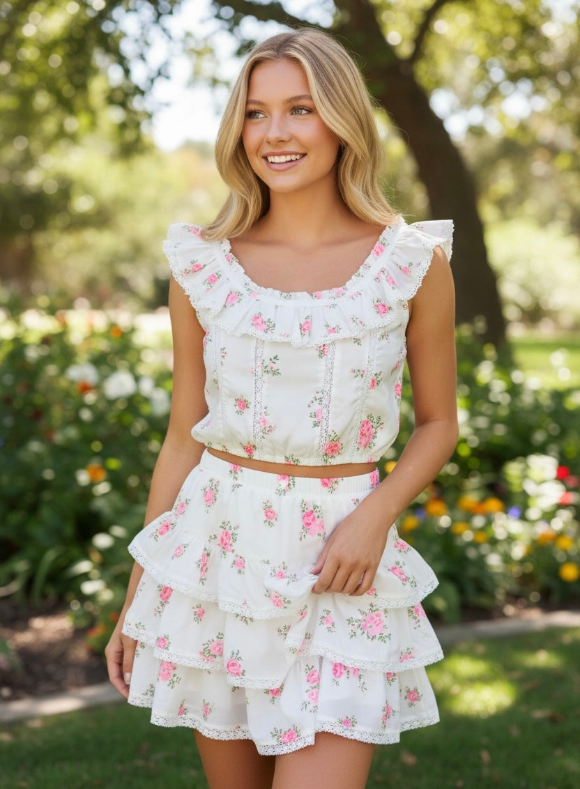 Flowers By Zoe 2pc Cabbage Rose Eyelet Trimmed Skirt Set