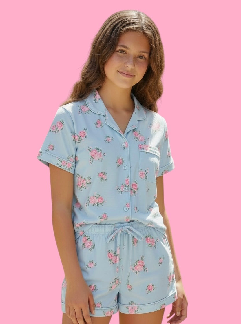 Flowers By Zoe 2pc Blue & Pink Cabbage Rose Knit Lounge Set