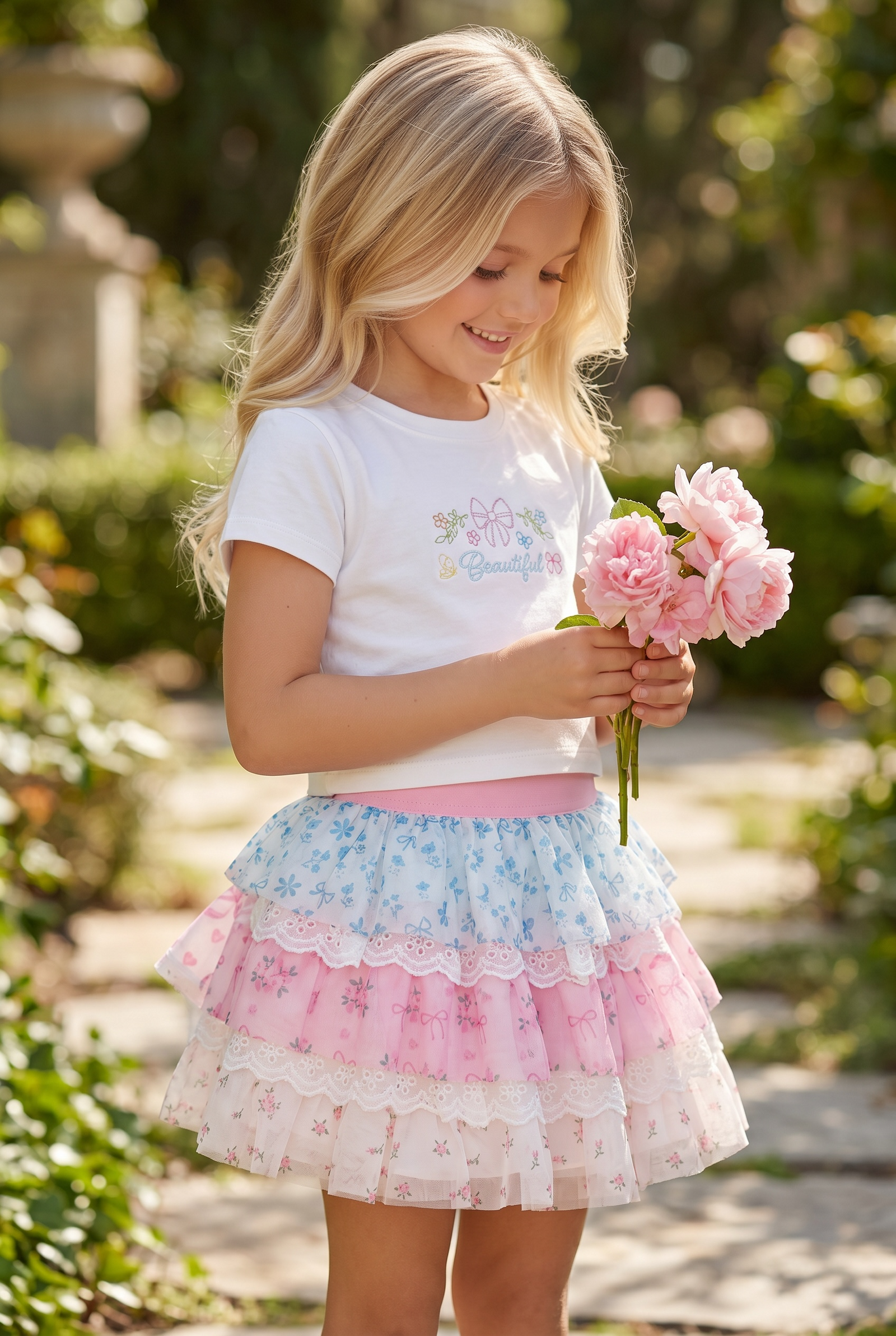 Boutique girls layered tutu skirt with floral and bow prints