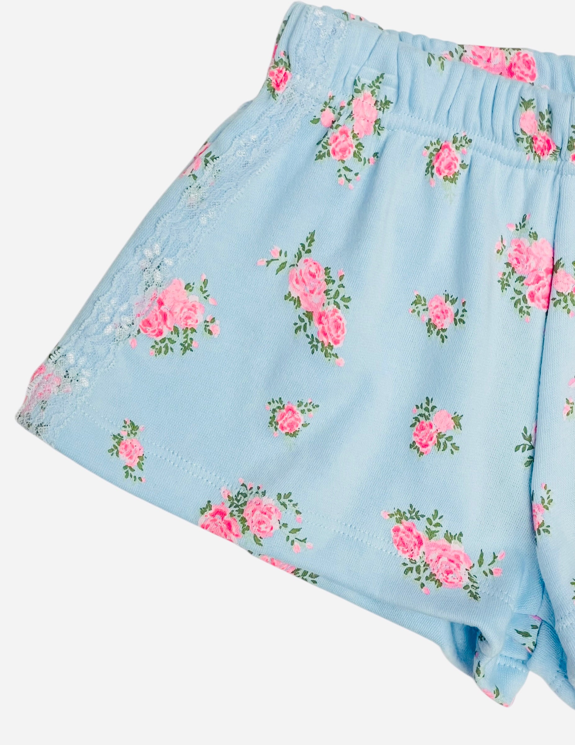 Flowers By Zoe Blue & Pink Cabbage Rose Lace Trimmed Shorts