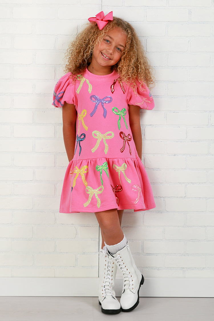 Queen Of Sparkles Kids Pink Bow Puff Sleeve Dress