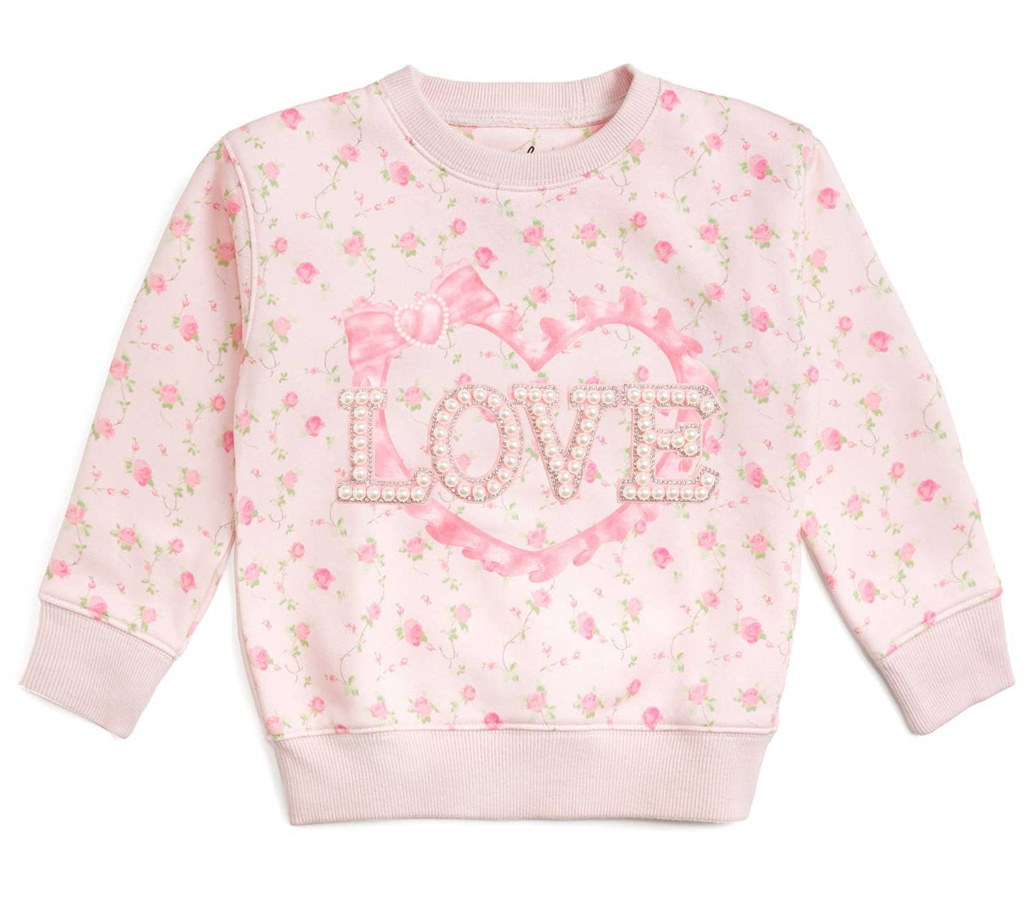 Pink sweatshirt with floral pattern and 'LOVE' text on a white background