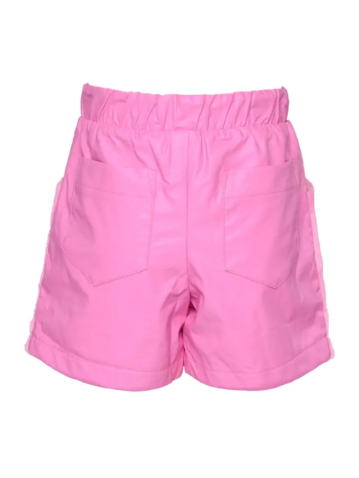 Baby Sara Heart Embossed Pink Faux Fur and Pleather Shorts