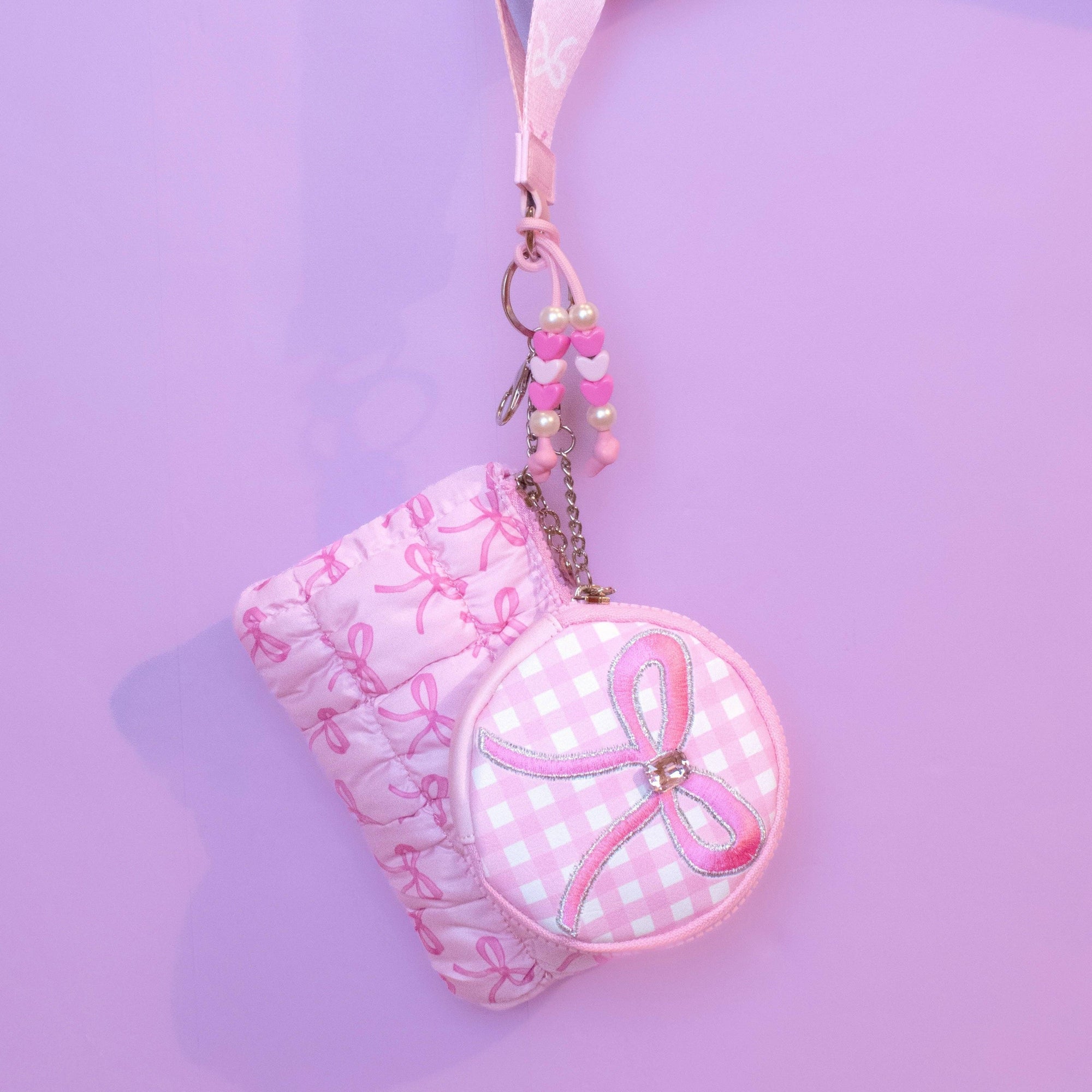 Quilted Scrunchies 3 Piece Coin Purse & Keychain Set- Pink Bow