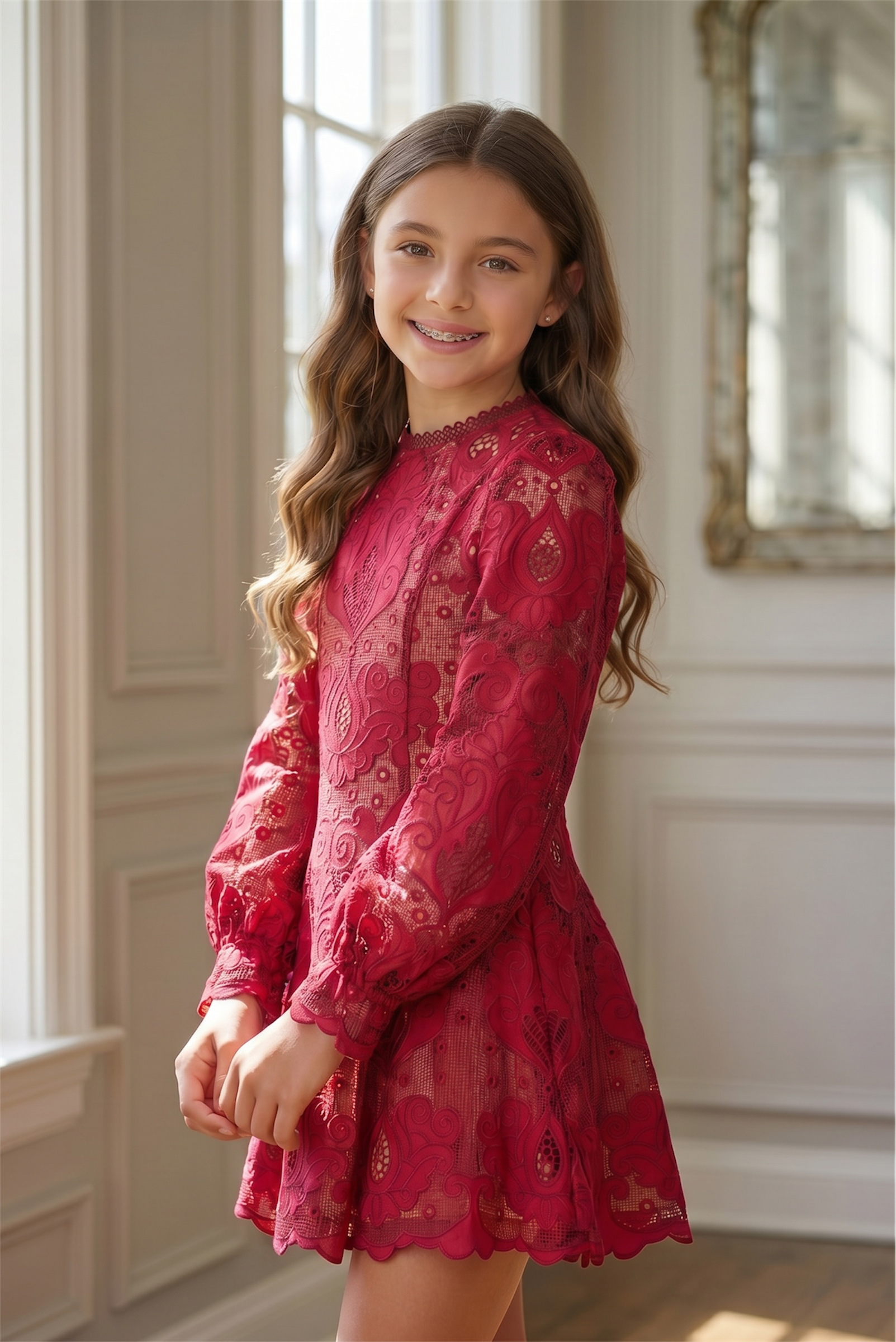 Marlo Kids Gisele Embroidery Mini Dress-Cranberry