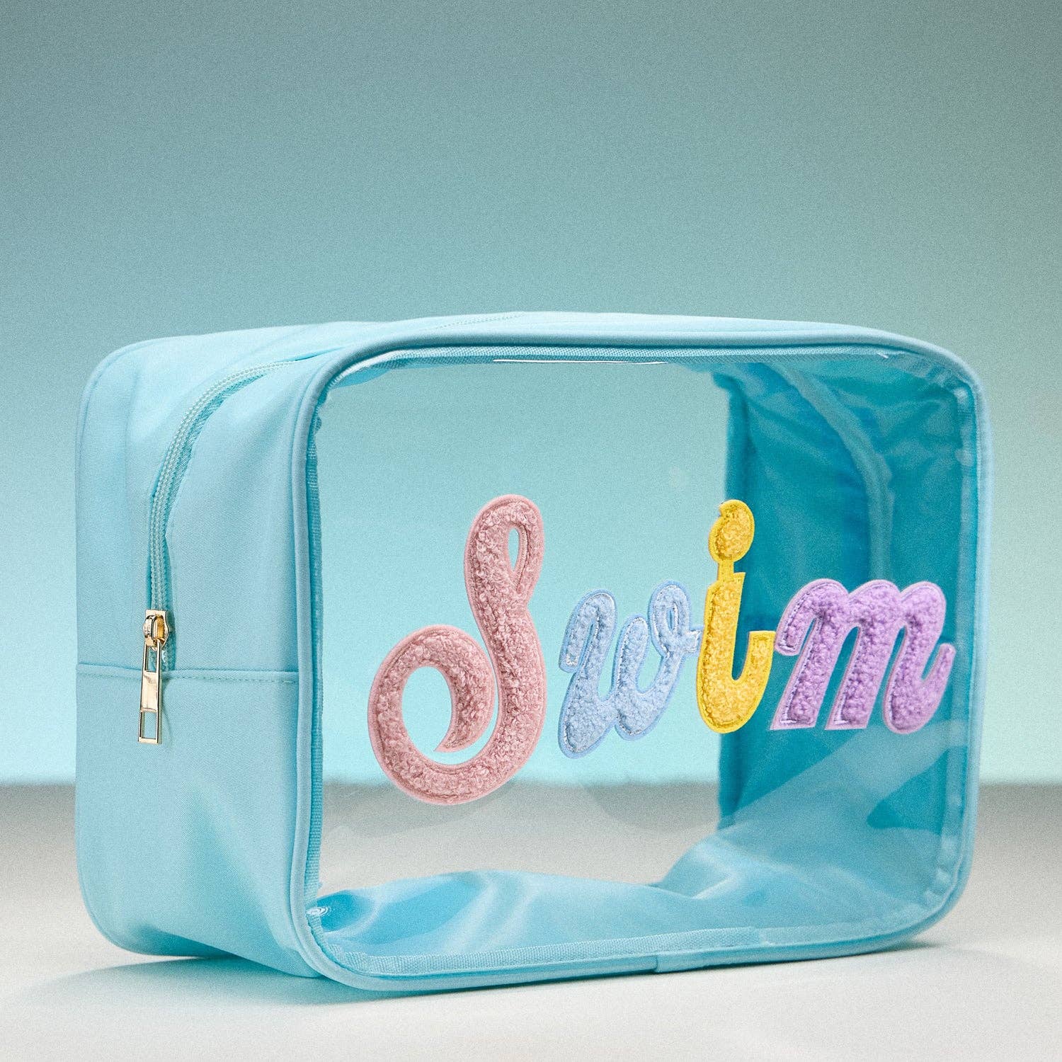 Clear Pouch with Colorful Chenille Word Patch-Light Blue Swim