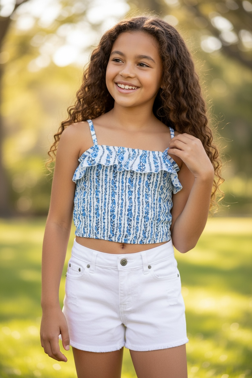 Flowers By Zoe Tween Blue Floral Demure Stripe Print Top