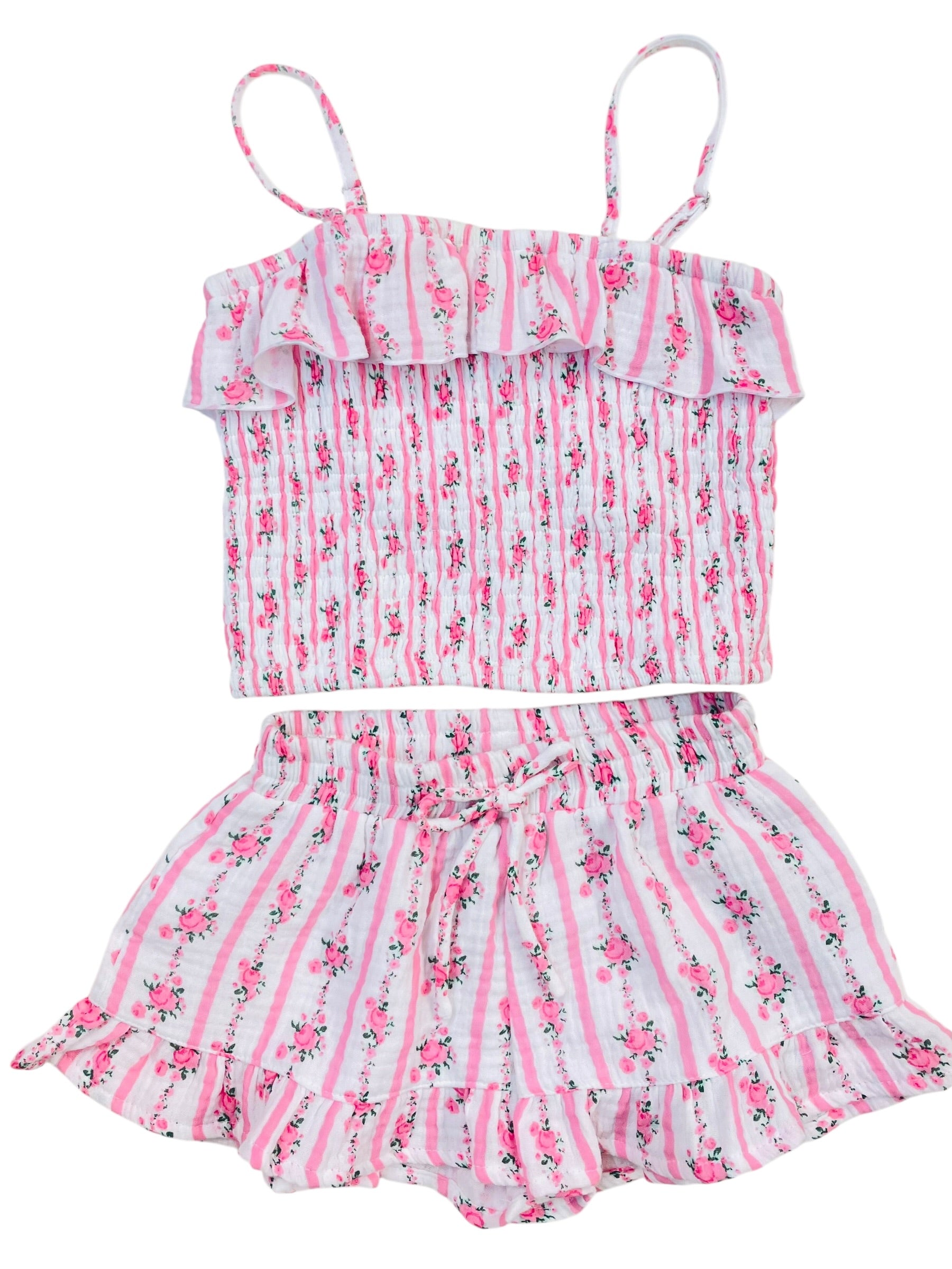 Flowers By Zoe Pink Floral Stripe Smocked Top With Ruffles