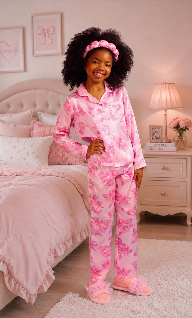 Pink Rose Satin 3-Piece Lounge Set with Headband