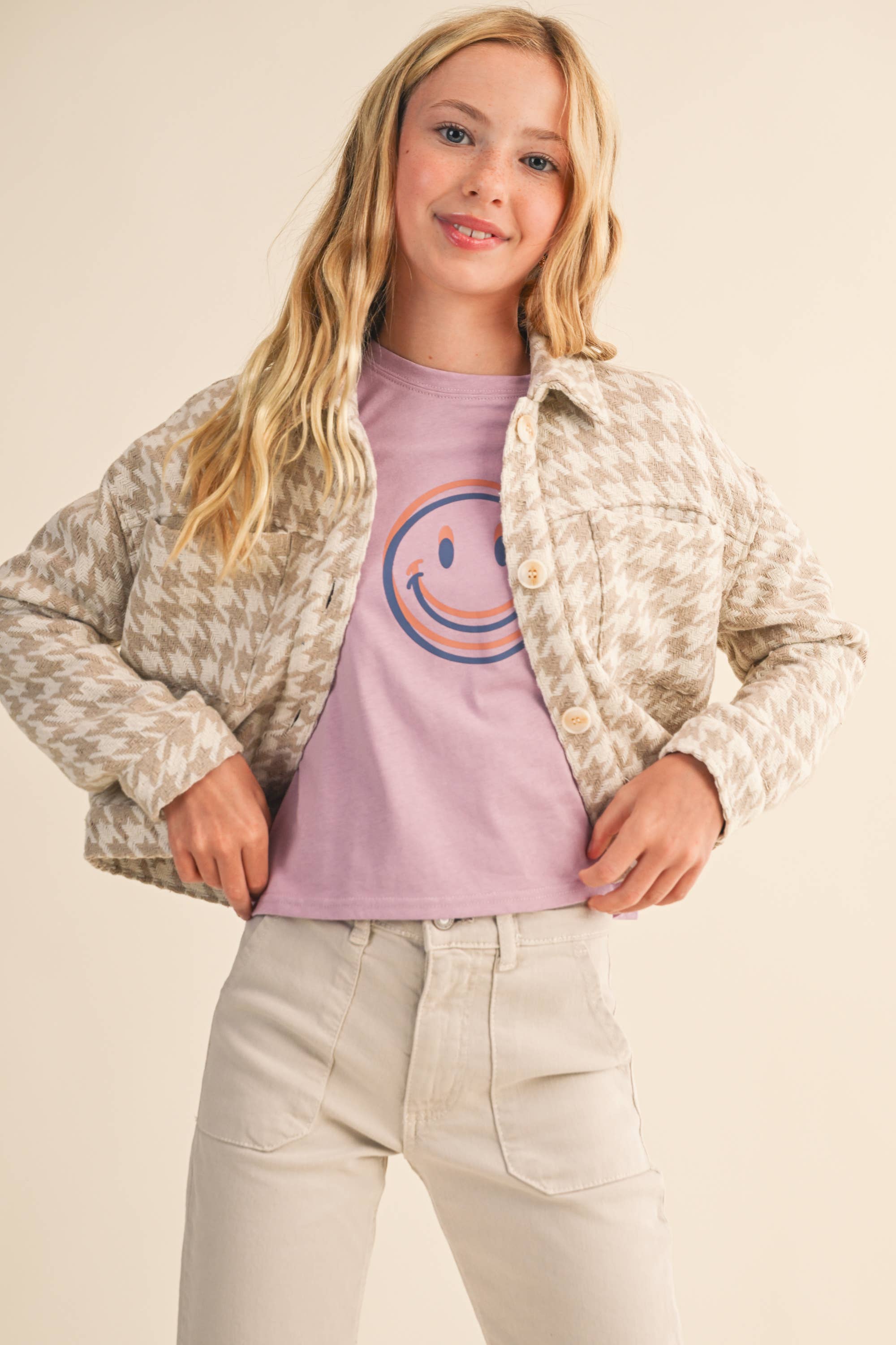 Heart & Arrow Tween Cropped Jacket- Tan Houndstooth