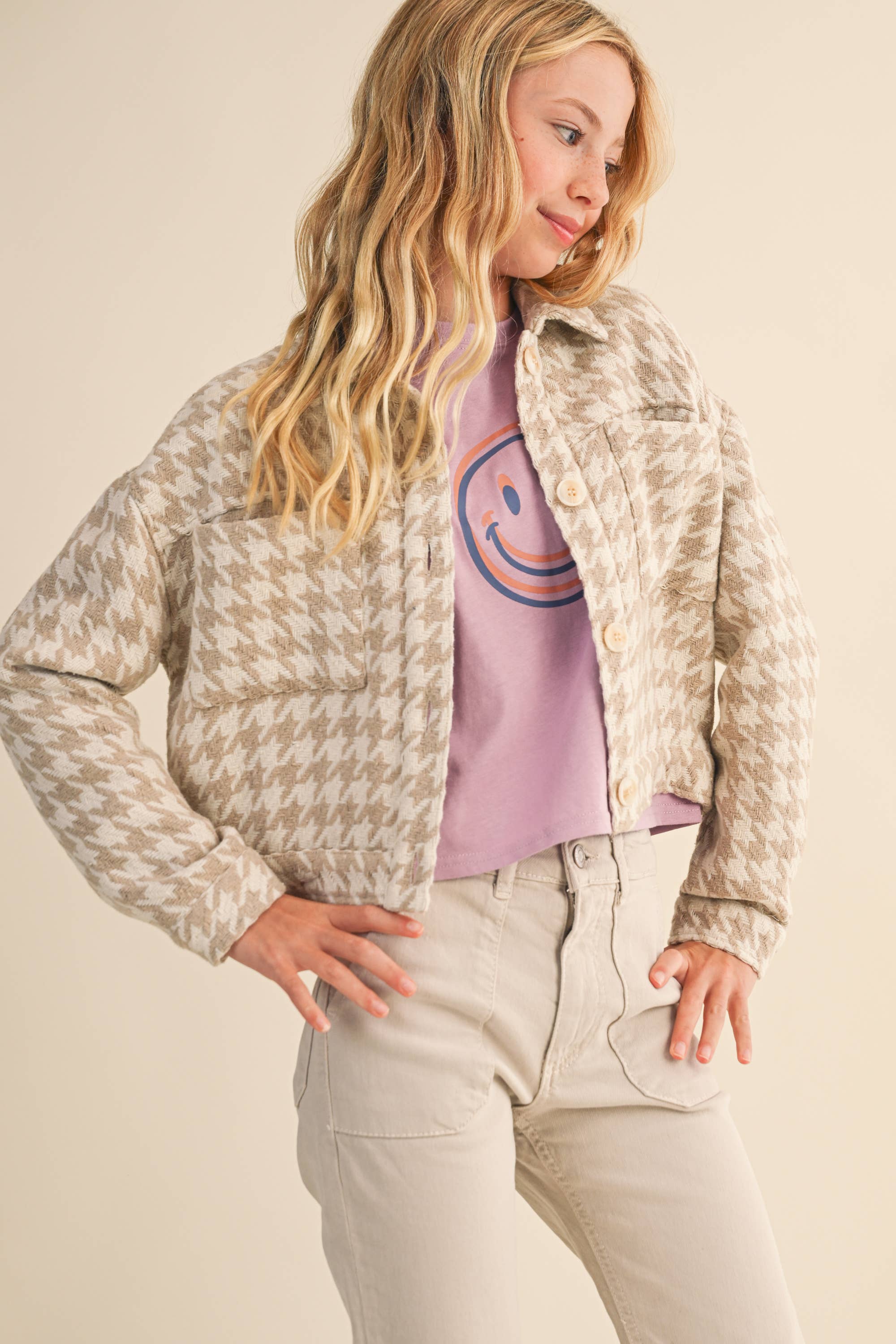 Heart & Arrow Tween Cropped Jacket- Tan Houndstooth