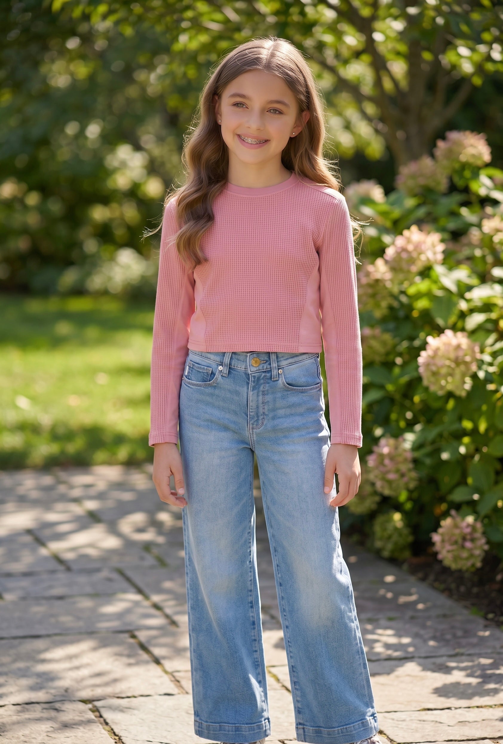 TENLY Tween Mixed Media Waffle Swing Pullover- Pretty In Pink