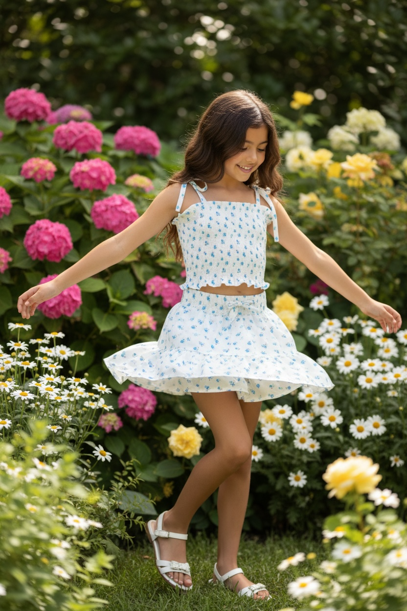 Theme NYC 2pc Willow White With Pastel Blue Ditsy Floral Satin Skort Set
