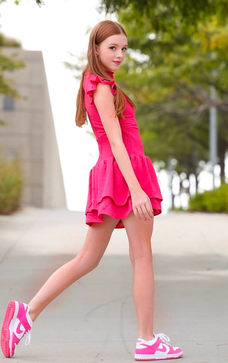Miss Behave Girls Selena High Neck Smock Dress - Hot Pink 8 -Fits Size 7 Miss Behave Girls Selena High Neck Smock Dress - Hot Pink 8 -Fits Size 7