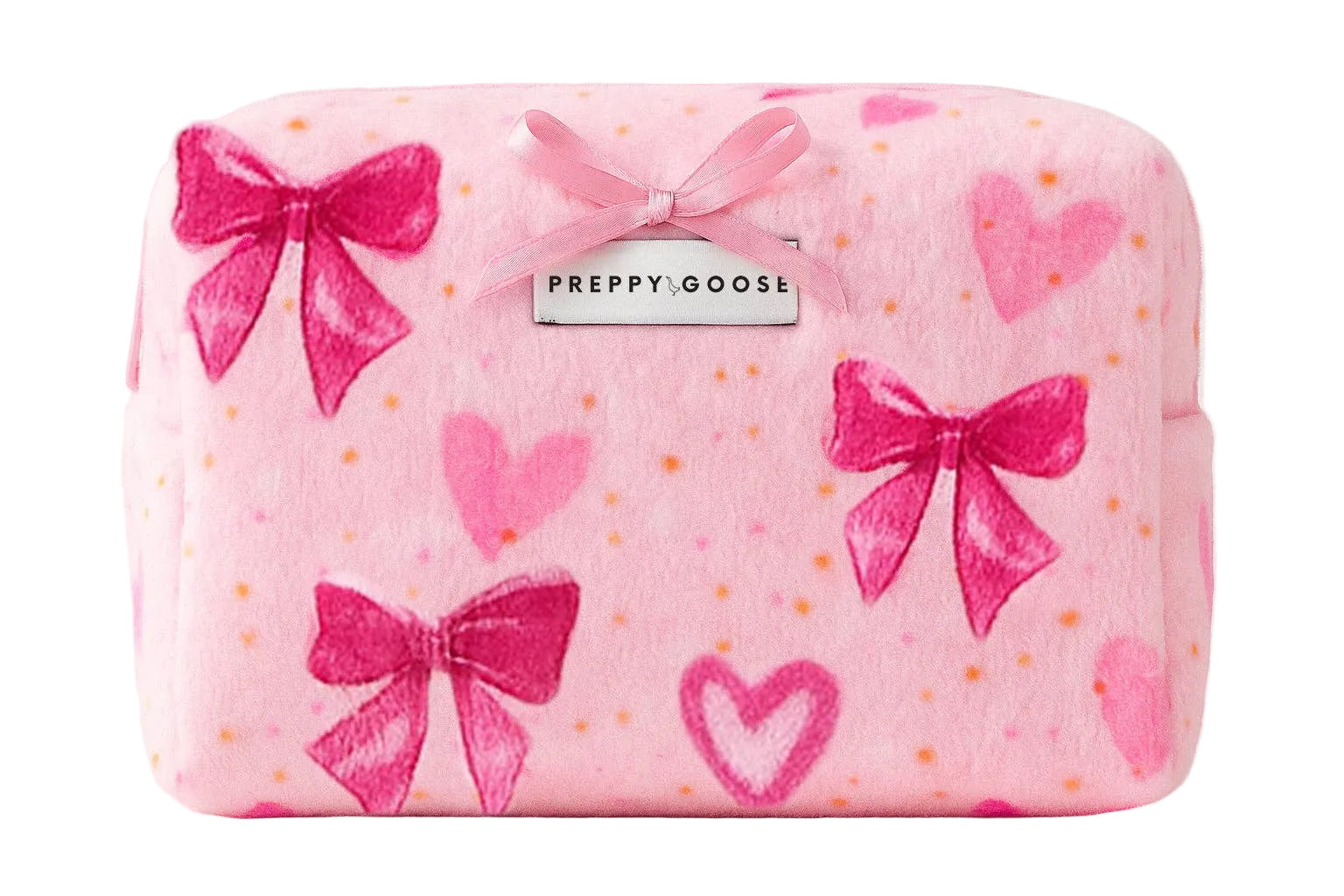 Pink pouch with bows and hearts pattern, featuring 'Preppy Goose' brand on a white background
