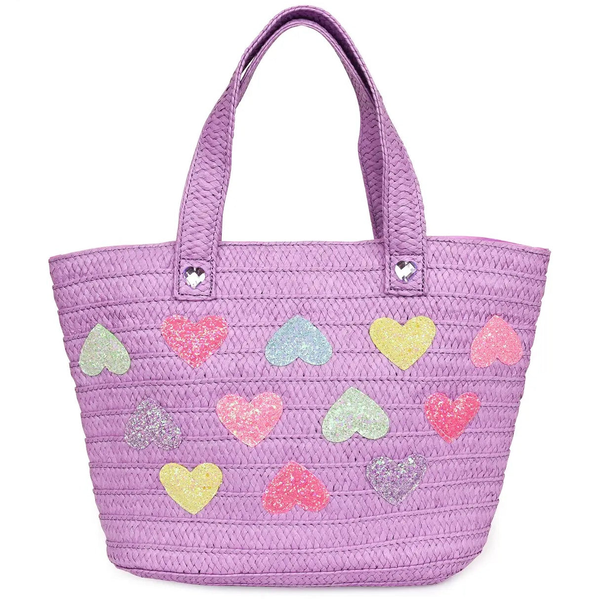 Heart-Patched Purple Straw Tote Bag