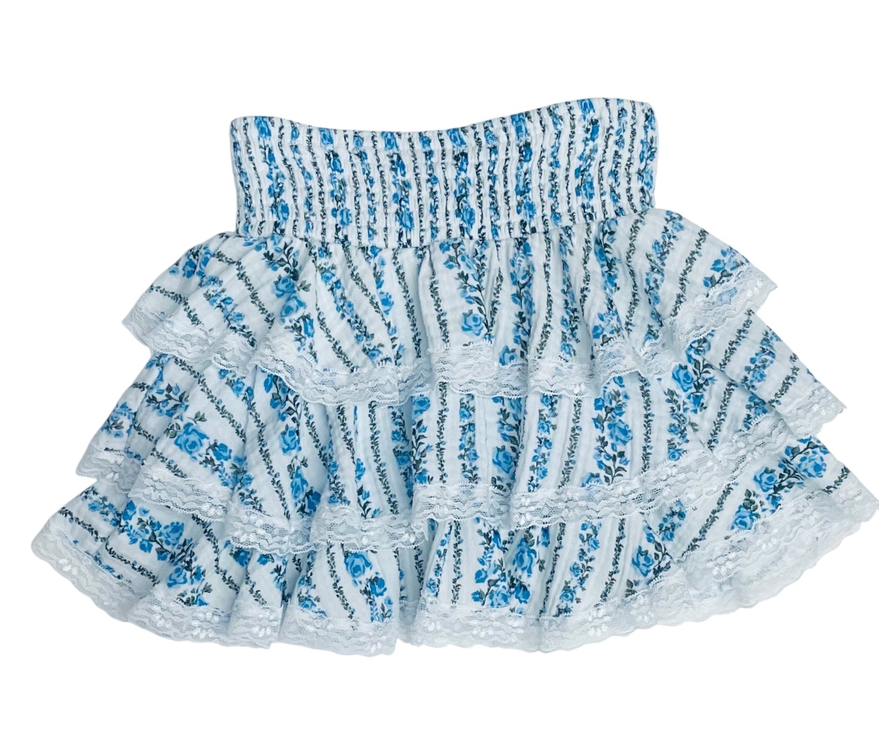 Flowers By Zoe Tween Blue Floral Demure Stripe Tiered Skirt