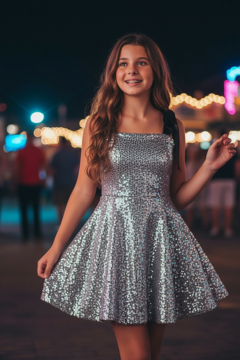 Flowers By Zoe Tween Silver Sequin Bow Strap Dress