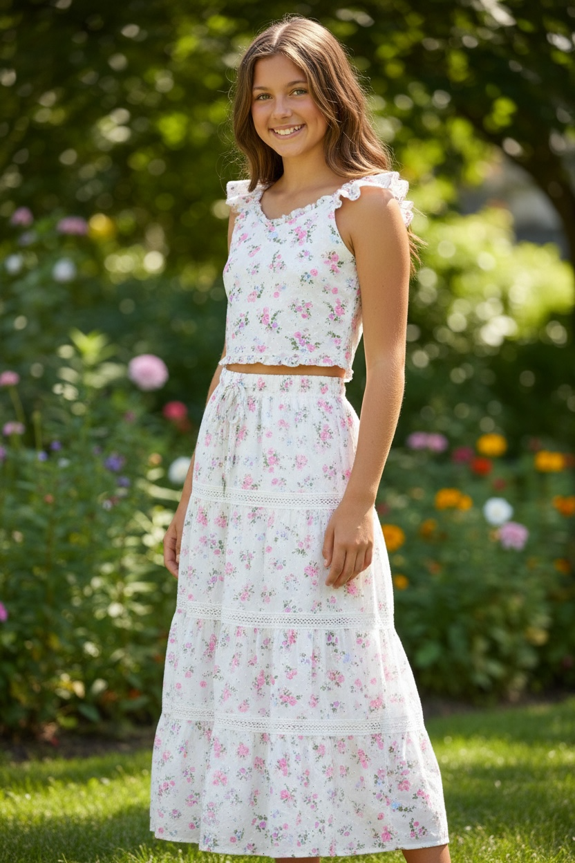 Flowers By Zoe Tween Woven Floral Bouquet Eyelet Flutter Sleeve Top